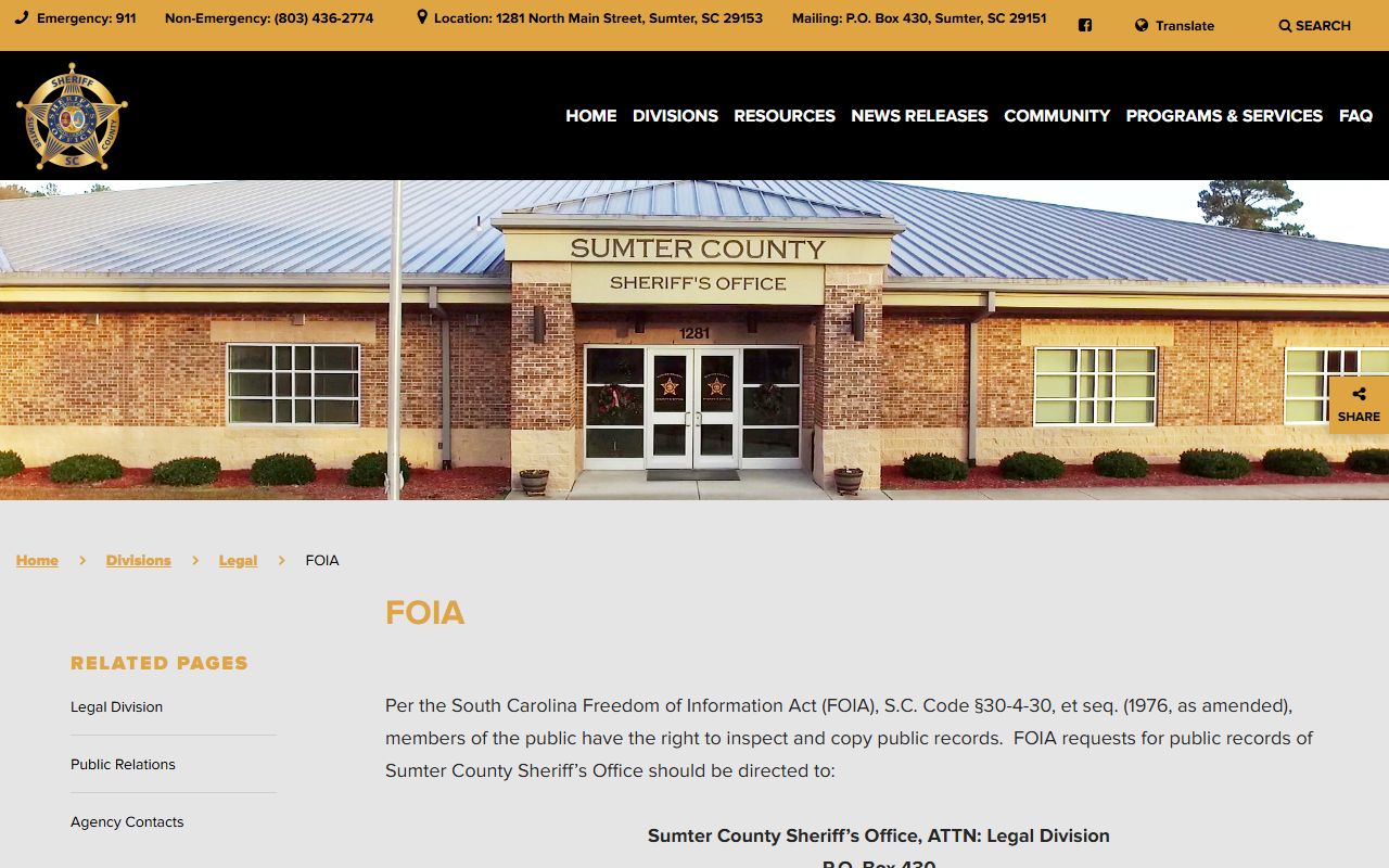 Sumter County inmate population FOIA request page for jail records