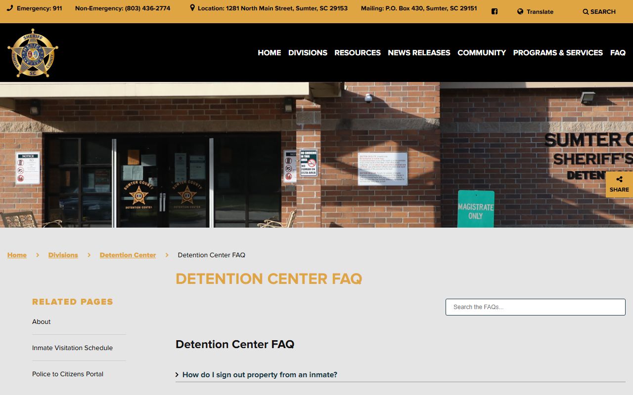 Sumter County Sheriff's Office Detention Center inmate mail money and bond FAQ