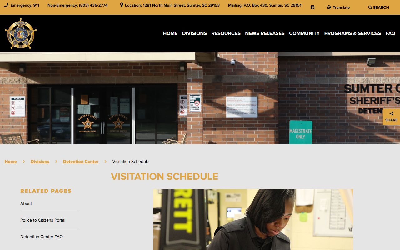 Sumter County inmate records visitation schedule page