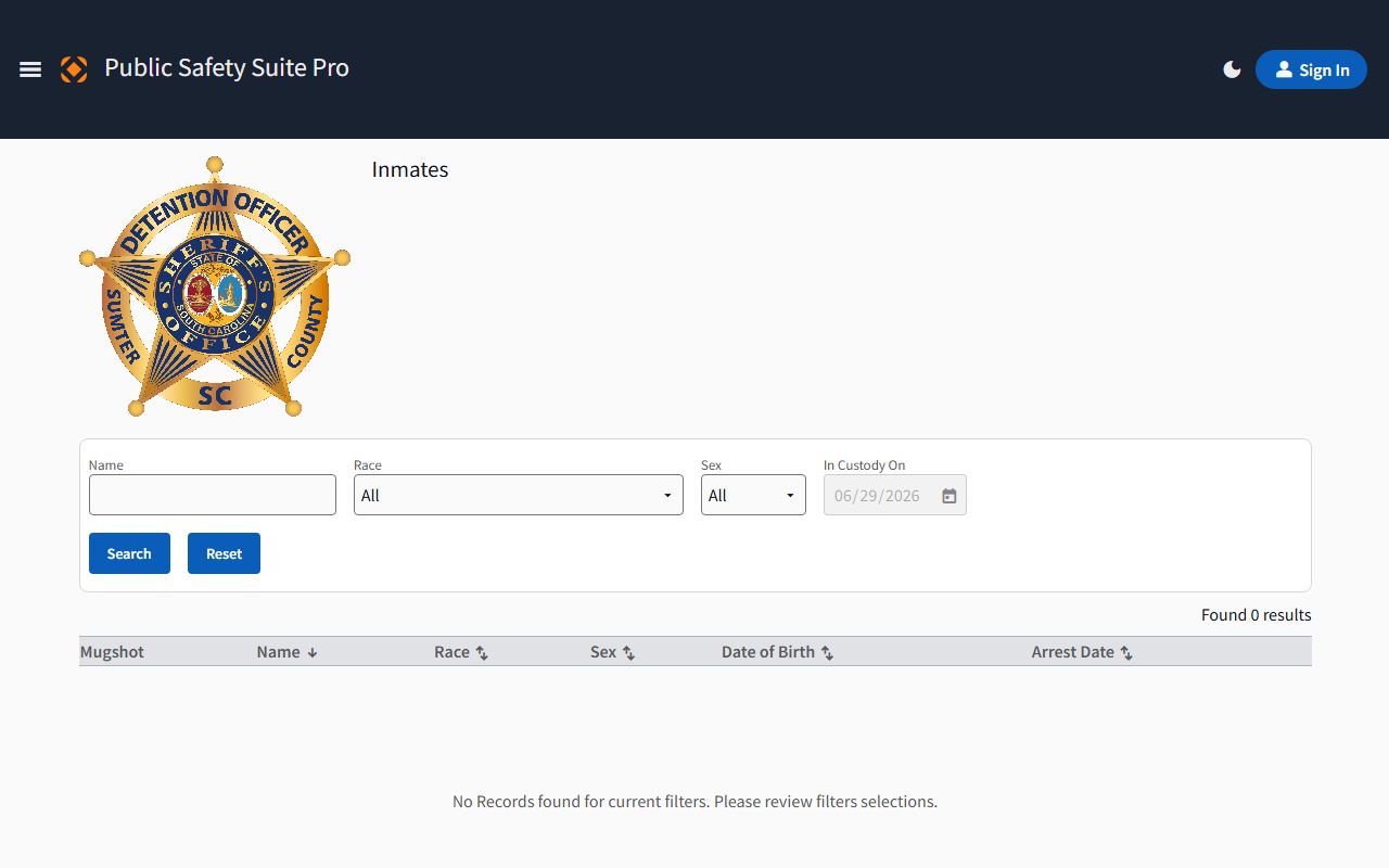 Sumter County inmate population CentralSquare jail roster search